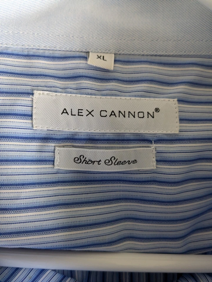 Alex Cannon Мужская рубашка размер XL 100% хлопок с коротким рукавом на пуговицах синяя полоска  - Изображение 3 из 4