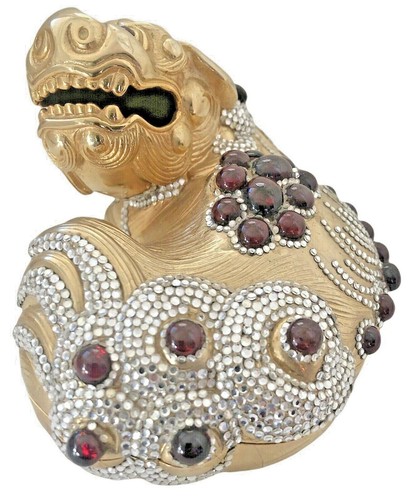 Judith Leiber Chinese FooDog Gem Gold Red Minaudiere Evening Bag Dragon Vintage - Imagen 4 de 11