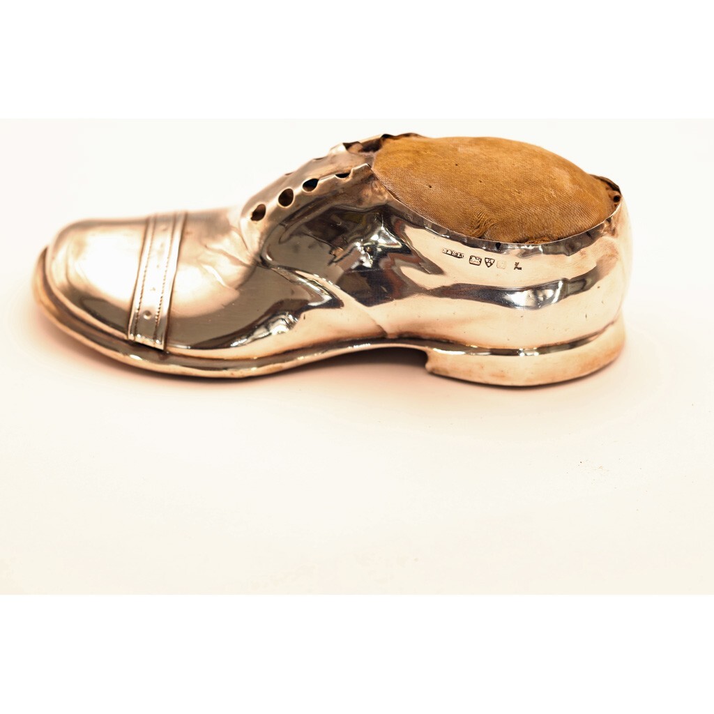 Antique Pin Cushion Sterling Silver Shoe 1909 Edwardian Sewing