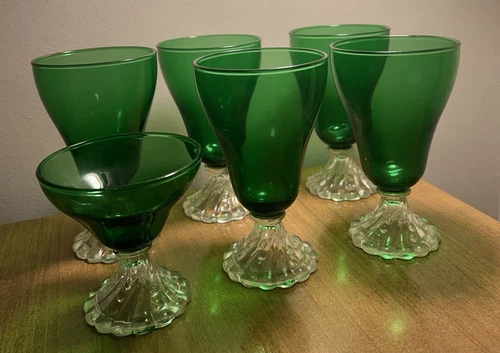 6 Vintage Anchor Hocking Burple Emerald/ Forest Green Glasses Footed Goblets