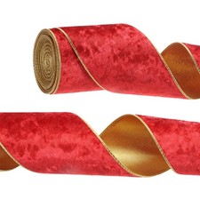 4 Inch x 10 Yards Velvet Wired Gold Crushed Ribbon for Bow Decor Pure Red
