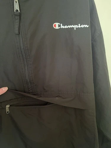 Champion Black Hooded Windbreaker Mens Large Pullover Half Zip Anorak image 2