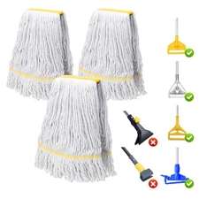3 Pack Heavy Duty Commercial Mop Head ,Wet Industrial Cotton Looped End Strin...