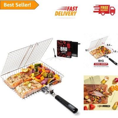 Folding Grill Basket Set   Dishwasher Safe BBQ Essentials for Camping & Backyard