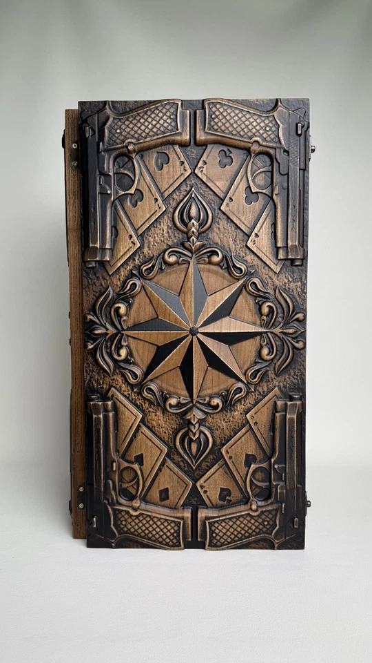 Luxury Wooden Backgammon – Carved Pistols & Playing Cards - Image 3 of 4