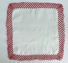 VINTAGE HANKY WHITE IRISH LINEN RED CROCHET EDGING DOUBLE HEMSTITCH
