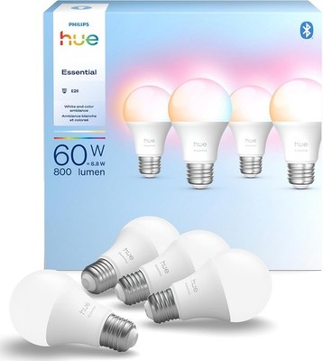 Philips Hue Essential Smart LED A19 Bulb White & Color Ambiance, 8.8W, 4-Pack