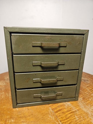VINTAGE OLIVE GREEN SMALL METAL STORAGE CABINET 4 DRAWER DIVIDED SHOP ART CRAFTS
