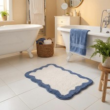 32x20 Inch Deep Blue Waved NonSlip Plush Microfiber Bathroom Rug