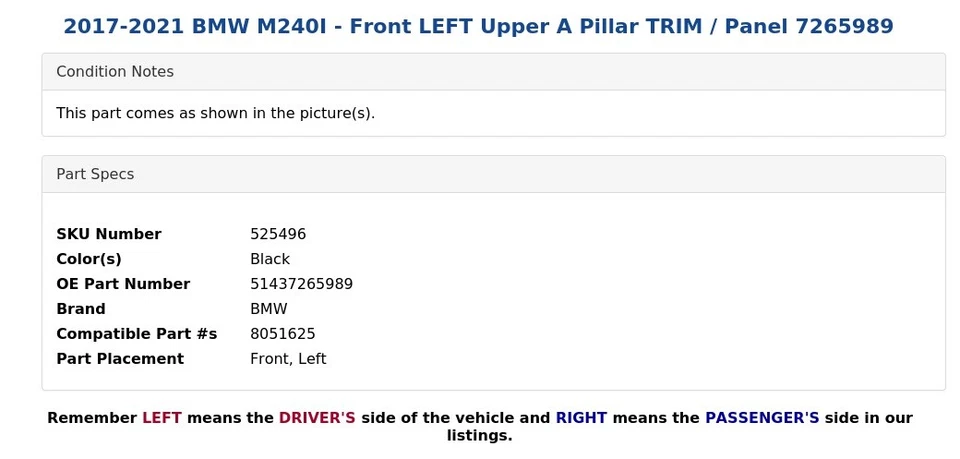 2017-2021 BMW M240I - Front LEFT Upper A Pillar TRIM / Panel 7265989 - Image 4 of 4