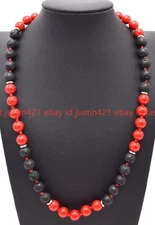 Natural 8/10mm Red Coral Black Lava Necklace Gems Round Beads Necklace 16-28in