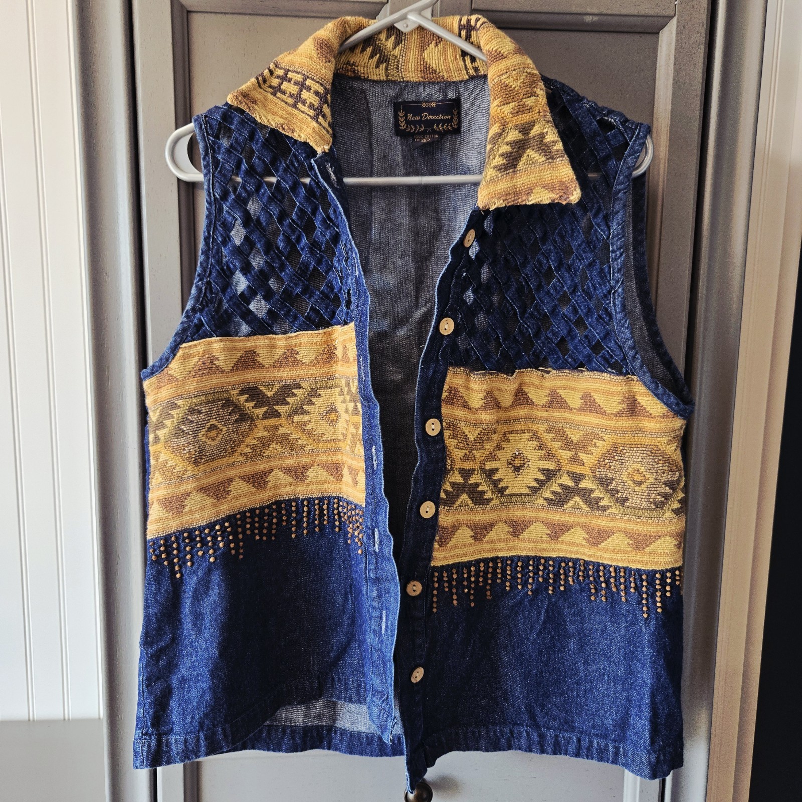 Boho Western Denim Tribal Print Vest Buttonup Wanderlust Rodeo 100% Cotton Large