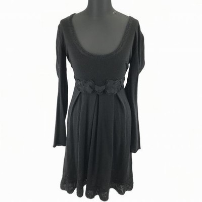 Max & Co Knit Dress Ribbon Waist Long Sleeve Knee Length Black L