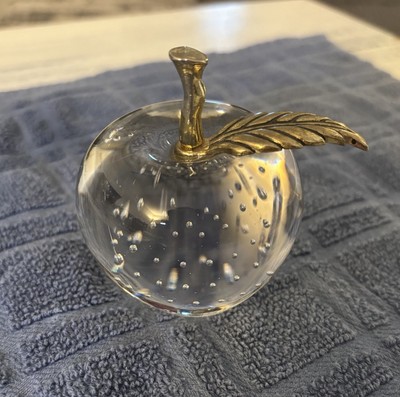 Vintage Crystal Art Glass Paperweight w/controlled Bubbles, Brass Leaf & Stem