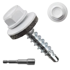 300pcs #10 x 1 White Hex Head Self-Drilling Metal Roofing Screws, EPDM Washer...