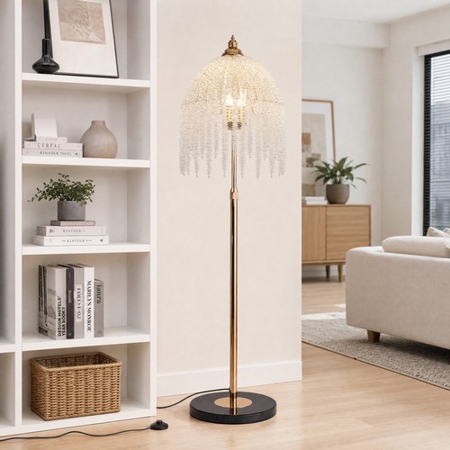 63'' Modern Floor Lamp Waterfall Crystal LED Living Room Lighting Marble Base