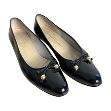 Salvatore Ferragamo Flats 9 AA Black Lillaz Patent Leather Bow old money Gold