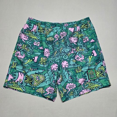 Killer Acid Mens Large Green Pink Cartoon Monster Graphic Swim Trunks Shorts