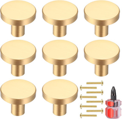 Gold Cabinet Knobs, 8 Pcs Brushed Brass round Kitchen Cabinet Hardware Pulls Kno