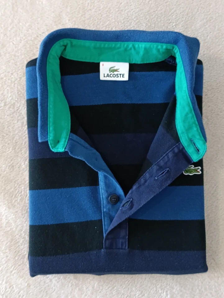 Polo Lacoste Vintage Bleu Rayures Manches Longues Taille 8 Lacoste homme Coton - Photo 4/4