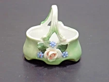 Light Green Germany Porcelain Basket Open Salt Dip Cellar w/ Applied Rose