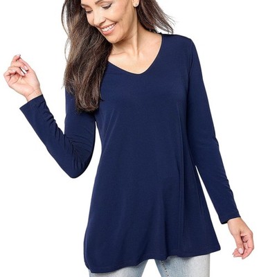 Susan Graver Modern Essentials Navy Blue V-Neck Liquid Knit Tunic Top Size MP