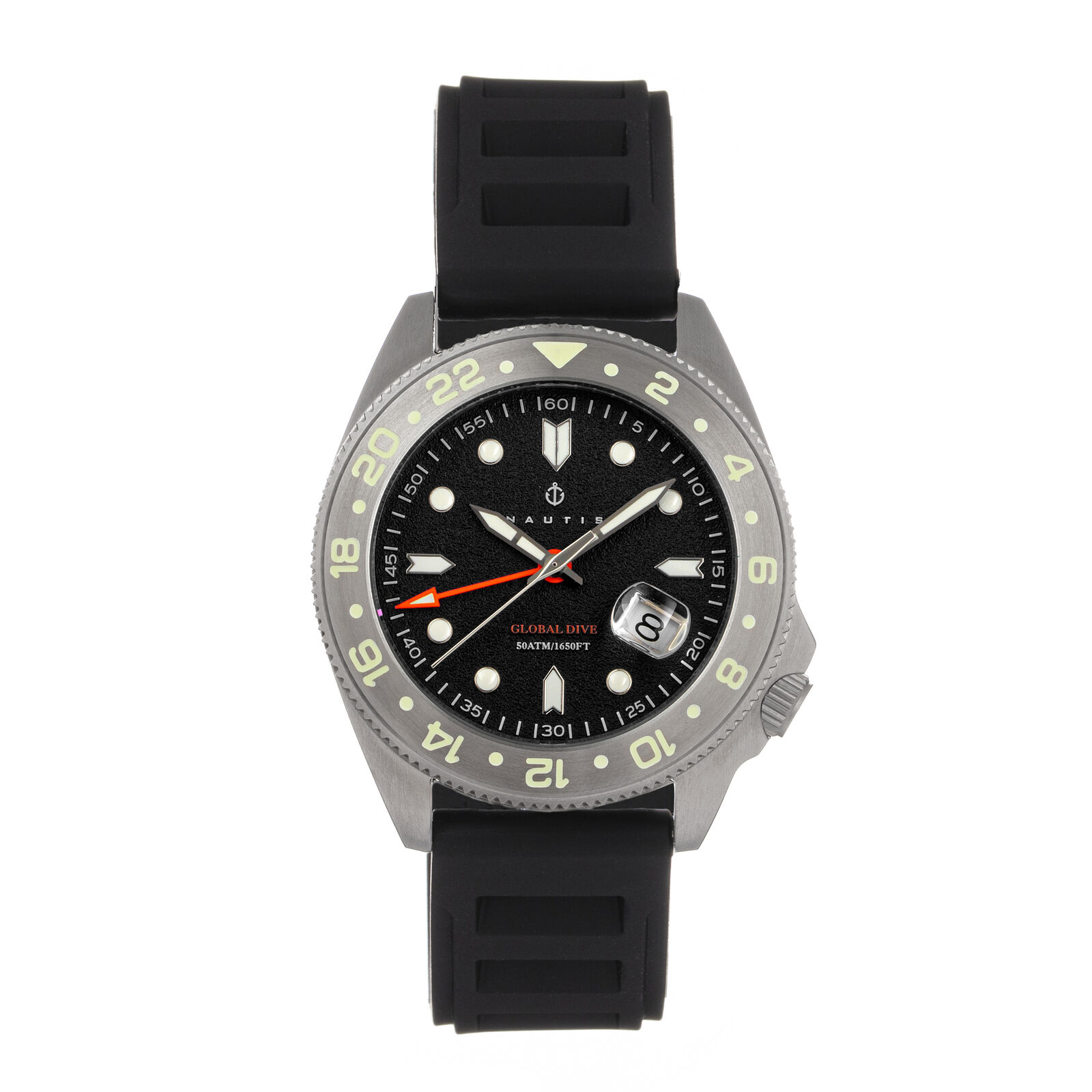 Nautis Global Dive Rubber-Strap Watch w/Date - Black