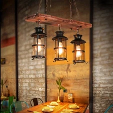 Retro 3-Lights Pendant Light Iron Wood Chandelier Hangting Ceiling Lamp Fixtures