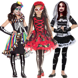 Halloween Fille le jour des morts Fancy Dress Costume Kids Effrayant Crâne costumes UK 