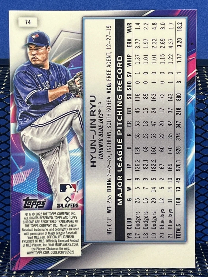 2022 Topps Cosmic Chrome HYUN-JIN RYU Toronto Blue Jays Base 74 - Image 2 of 2