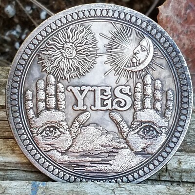 OUIJA Oracle YES/NO Gothic Antique Silver Plated Decision Coin and Display Stand