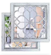 Wocred 2 PCS Square Wall Mirror Rustic Farmhouse Accent Rustic White Gray Color