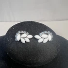 Vintage Blue Rhinestone White Milk Glass Marquise Silver Tone Clip Earrings