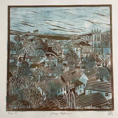 Alison Headley Linocut Print “village Patterns” 8/20 Signed Framed