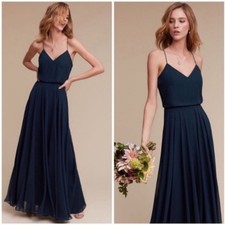 Jenny Yoo Elegant Navy Blue Bridesmaid V-Neck Maxi Dress / Evening Gown Size 8