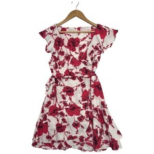 Free People Wrap Dress Womens Medium White Pink Floral Flutter Sleeve Boho Chic