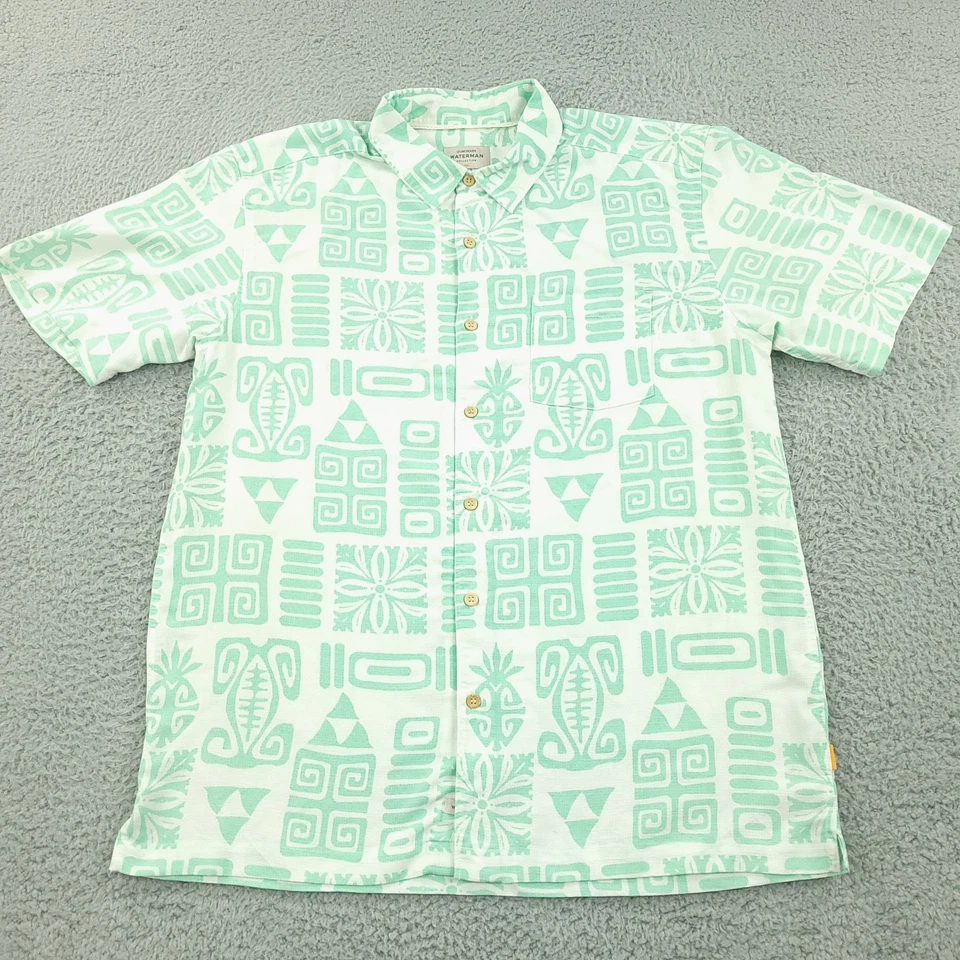 Quiksilver Waterman Shirt Mens Large Green White Hawaiian Button Up Modal Blend - Image 2 of 4