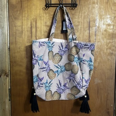 Pink Pineapple Patterned Twig N Arrow Tote Bag NWT  Two Top Handles Tassels