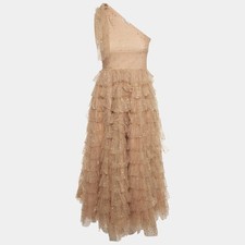 RED Valentino Champagne Pink Tulle Glittered One Shoulder Midi Dress S