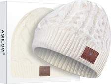 ASIILOVI Bluetooth Beanie, Double-Layer Wool Lining Bluetooth Hat White