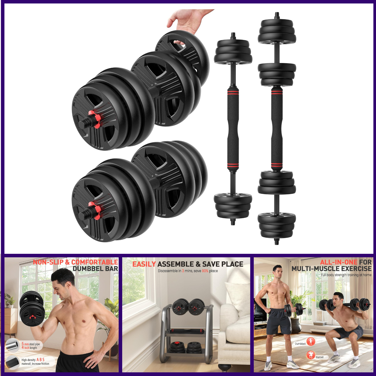 Adjustable Dumbbells Used as Barbell, Kettlebells, Fitness