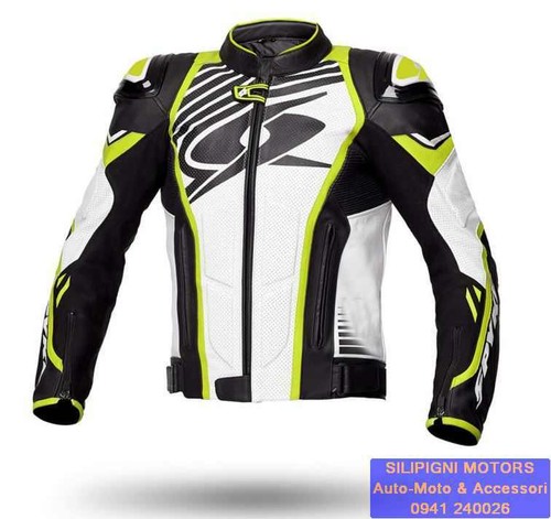 Giacca Moto in Pelle SPYKE ARAGON EVO Racing Ventilata Nero-  Bianco-Giallo-Fluo | eBay