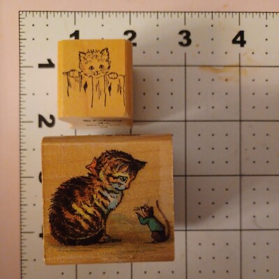 Used Wood Mount Stamp Miss Moppet Mouse Kitten Cat fence Potter Peter Rabbit set