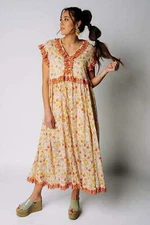 NWT $168 FREE PEOPLE Milania Floral Embroidered Ruffle Midi Peasant Dress XSMALL