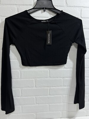 PrettyLittleThing PLT Black Burnout Mesh Long Sleeve Crop Top