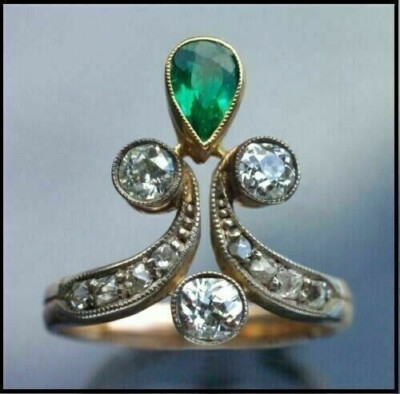 2CT Pear Cut Simulated Emerald Women Engagement Ring 14K Yellow Gold Over Silver