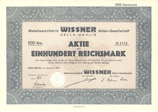 Metallwarenfabrik Wissner AG  -  Aktie über 100 Reichsmark  -  Zella-Mehlis 1943