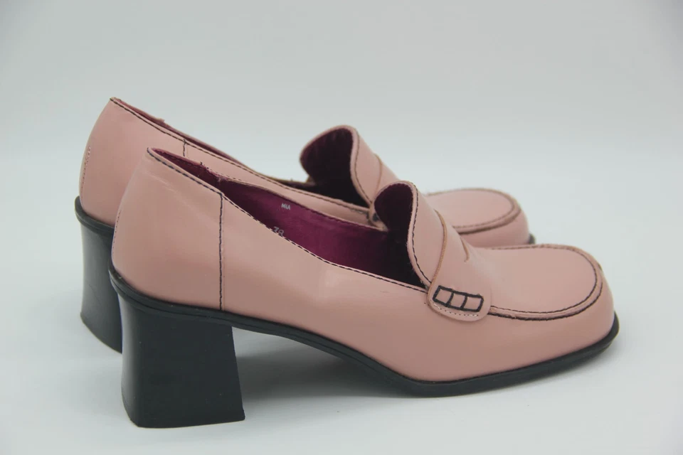 Mocasines vintage años 90 Y2K dos labios plataforma gruesa centavo tacón bloque rosa Mia 7M Foto 4 de 4