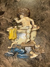 Sexton wall cast deco vintage little boy climbing into the bathtub with his frog