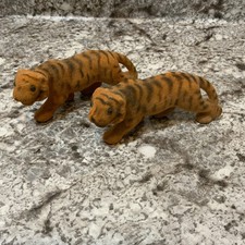 Pair Vintage Flocked Plastic Tigers Made In Hong Kong